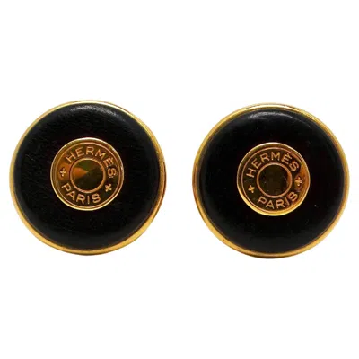 Pre-owned Hermes Clou De Selle Black Leather & Gold Tone Clip-on Earrings