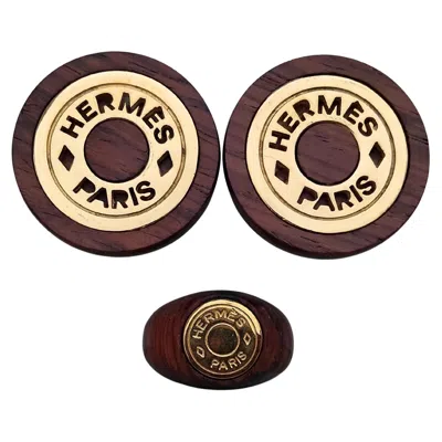 Pre-owned Hermes Hermès Clou De Selle Wood Golden Hdw Set Of Matching Earrings Ring In Multi