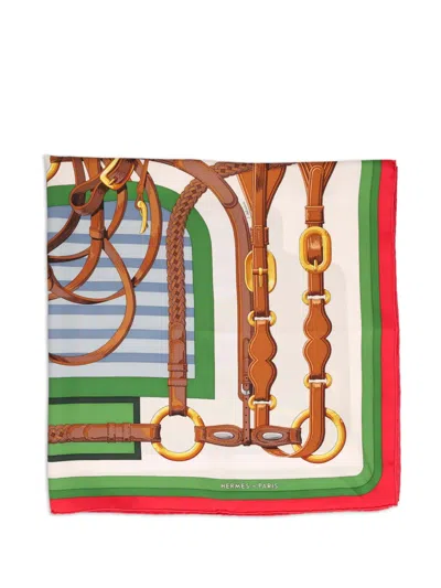 Pre-owned Hermes Coaching Equestrian-print Scarf In Neutral