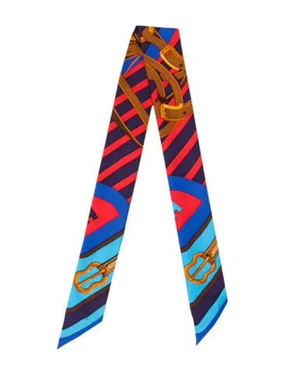 Pre-owned Hermes Coaching Silk Twilly Scarf In Blue