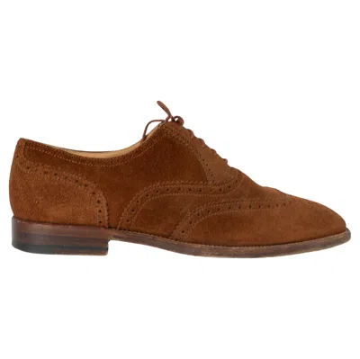 Pre-owned Hermes Cognac Brown Suede Brogue Oxford Dress Shoes 37.5