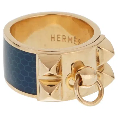Pre-owned Hermes Collier De Chien 18k Yellow Gold Blue Enamel Ring Sz 5