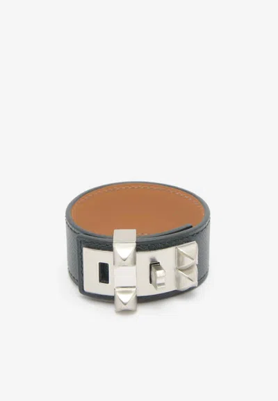 Pre-owned Hermes Collier De Chien 24 Bracelet In Epsom Leather With Palladium Hardware In Black