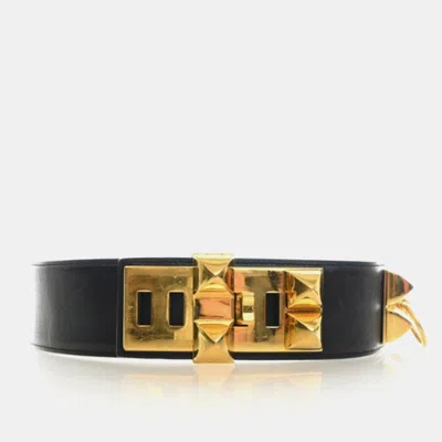 Pre-owned Hermes Collier De Chien 50 Size 68 Black Swift Leather Gold Plated Hardware Belt