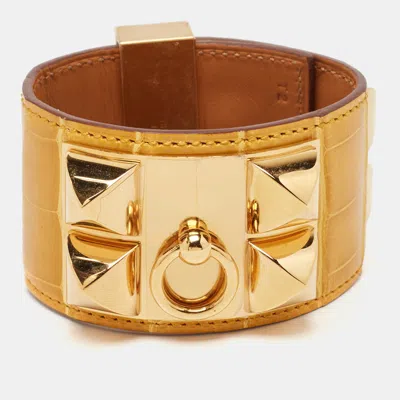 Pre-owned Hermes Hermès Collier De Chien Alligator Leather Gold Plated Cuff Bracelet