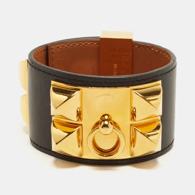 Pre-owned Hermes Hermès Collier De Chien Black Leather Gold Plated Bracelet S