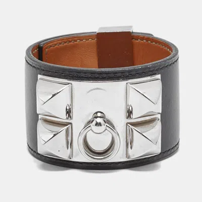 Pre-owned Hermes Hermès Collier De Chien Black Leather Palladium Plated Bracelet L