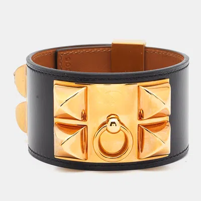 Pre-owned Hermes Collier De Chien Black Leather Rose Gold Plated Bracelet