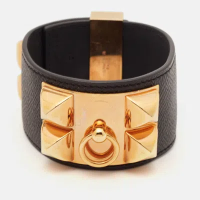 Pre-owned Hermes Hermès Collier De Chien Black Leather Rose Gold Plated Metal Bracelet