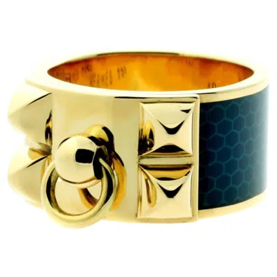 Pre-owned Hermes Collier De Chien Blue Enamel 18k Yellow Gold Ring Sz 6