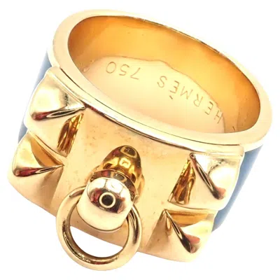 Pre-owned Hermes Collier De Chien Blue Enamel Yellow Gold Band Ring