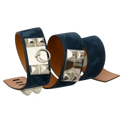 Pre-owned Hermes Collier De Chien Blue Indigo Suede Leather Medor Belt Palladium Hardware