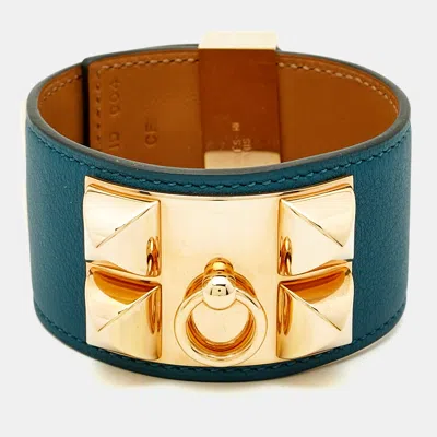 Pre-owned Hermes Collier De Chien Blue Leather Gold Plated Bracelet L