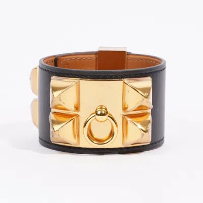 Pre-owned Hermes Collier De Chien Bracelet Goatskin Leather Small In Gold