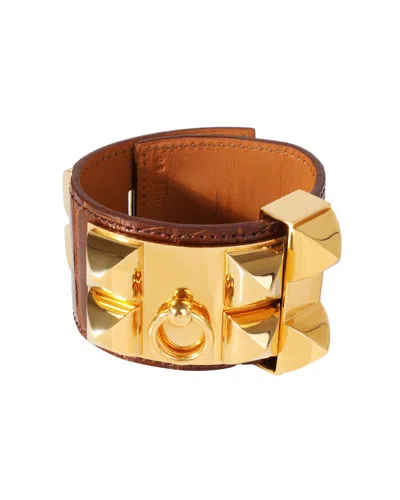 Hermes Hermès Collier De Chien Brown Leather Gold Tone Cuff