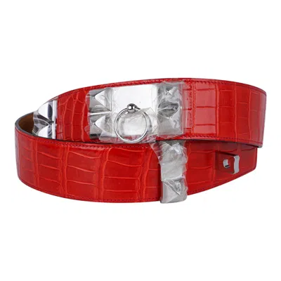 Pre-owned Hermes Collier De Chien Cdc Belt Geranium Porosus Crocodile In Red