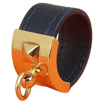Pre-owned Hermes Hermès Collier De Chien Cdc Medor Ring Black Leather Ghw Size L Rare