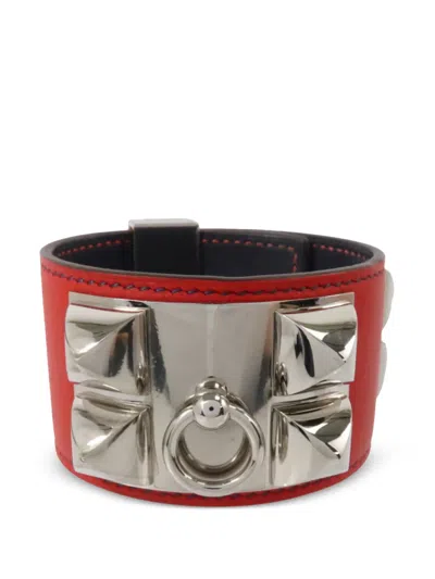 Pre-owned Hermes Collier De Chien Leather Bracelet In Silver