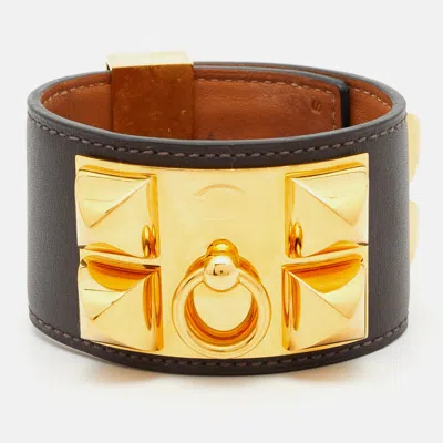 Pre-owned Hermes Hermès Collier De Chien Leather Gold Plated Cuff Bracelet
