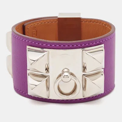 Pre-owned Hermes Collier De Chien Purple Leather Palladium Plated Bracelet