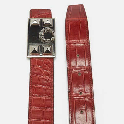 Pre-owned Hermes Collier De Chien Reversible Belt 85cm Geranium Crocodile Porosus In Red