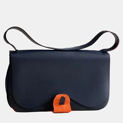 Pre-owned Hermes Colorado Canvas Leather Trim Dark Blue Saddle Bag