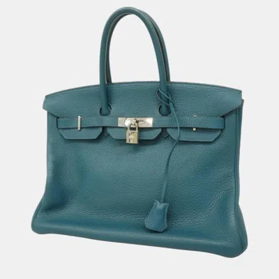 Pre-owned Hermes Colvert Taurillon Clemence Birkin Engraved Handbag In Blue