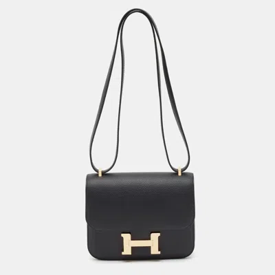 Pre-owned Hermes Constance 18 Mini Rose Gold Finish Noir Epsom Leather Crossbody Bag In Black