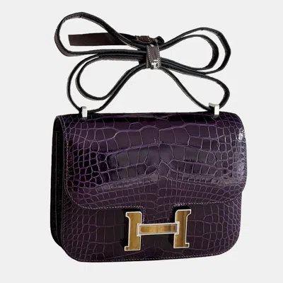 Pre-owned Hermes Constance 19 In Glossy Purple Crocodile With Tiger's-eye Clasp Z Stamp Ref 0723001