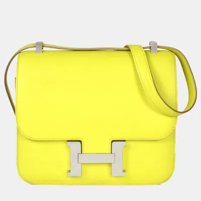 Pre-owned Hermes Constance 3 24 Lime Evercolor D Stamp Shoulder Bag Yellow