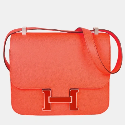 Pre-owned Hermes Constance 3 24 Rose Texas Vaux Epson Y Stamped Silver Lacquer Hardware Shoulder Bag In Pink
