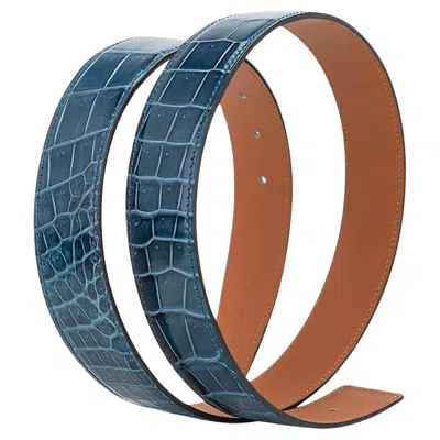 Pre-owned Hermes Constance 32 Mm Belt Strap Blue Colvert Porosus Crocodile 85