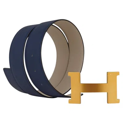 Pre-owned Hermes Constance 42 Belt Reversible Navy / Craie Brushed Gold 80 In Blue