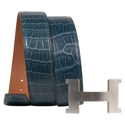 Pre-owned Hermes Constance 42 Mm Belt Blue Tempete Matte Porosus Crocodile Palladium 90