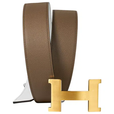 Pre-owned Hermes Constance 42 Mm Belt Etoupe & White Brushed Gold Buckle 105