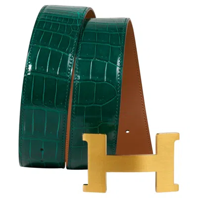 Pre-owned Hermes Constance Belt 42 Mm Emerald Porosus Crocodile Brushed Gold Buckle 80 In Green