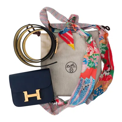 Pre-owned Hermes Hermès Constance Belted Wallet In Blue Evercolor Leather With Silk Twilly
