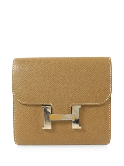 Pre-owned Hermes Constance Compact Leather Wallet In Neutral