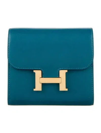 Pre-owned Hermes Constance Compact Wallet In Blue