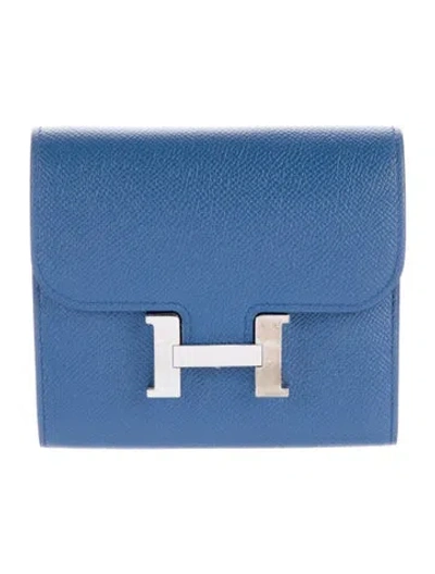 Pre-owned Hermes Constance Compact Wallet In Blue