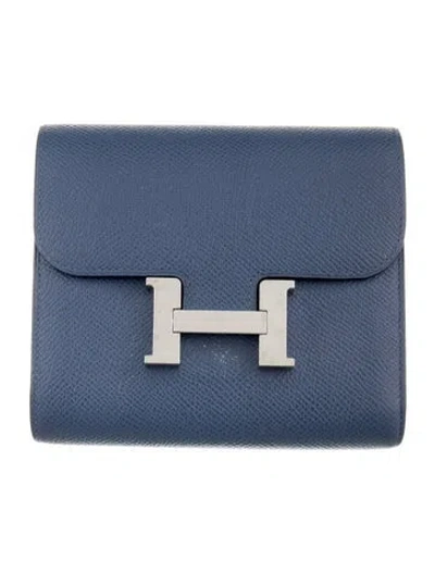Pre-owned Hermes Constance Compact Wallet In Blue