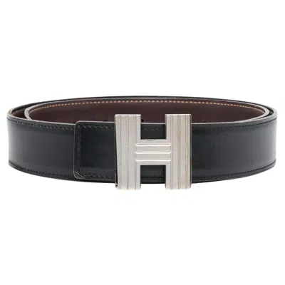 Pre-owned Hermes Constance H Silver Buckle And Black And Brown Leather Reversible Belt