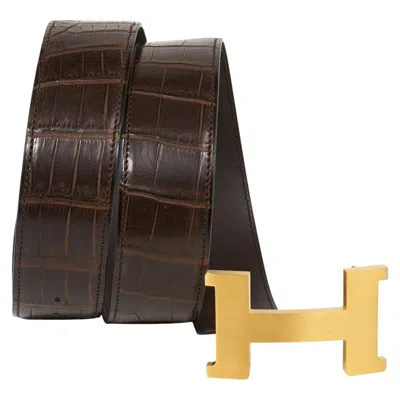 Pre-owned Hermes Constance Havane Matte Porosus Crocodile 42 Belt Brushed Gold Buckle 85 In Black