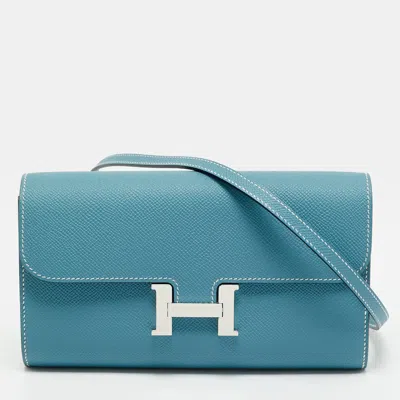 Pre-owned Hermes Constance Long Bleu Jean Epsom Leather To Go Wallet In Blue
