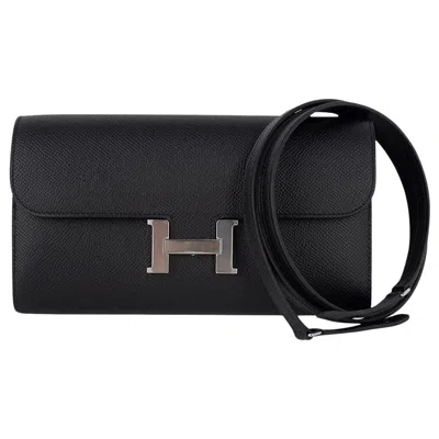 Pre-owned Hermes Constance Long To Go Wallet Bag Black Epsom Palladium Hardware