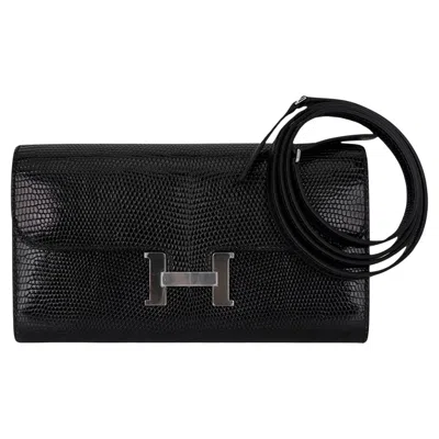 Pre-owned Hermes Constance Long To Go Wallet Bag Black Lizard Palladium Hardware