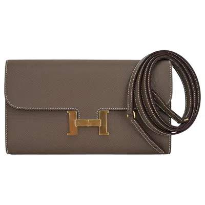 Pre-owned Hermes Constance Long To Go Wallet Etoupe Gold Hardware Epsom Leather In Black