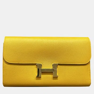 Pre-owned Hermes Constance Long Wallet Amber 9d Evercolor Leather Gold Hardware In Yellow