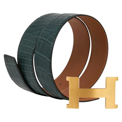 Pre-owned Hermes Constance Matte Porosus Crocodile 42 Mm Belt Vert Titien / Gold 90 New In Black