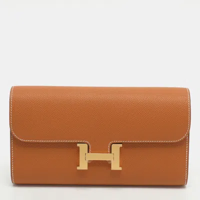 Pre-owned Hermes Hermès Constance Natural Epsom Leather To Go Wallet In Brown